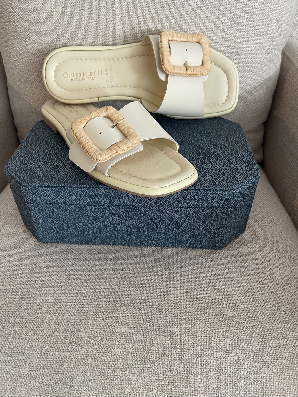 Cream Slide Mules with Raffia Buckle